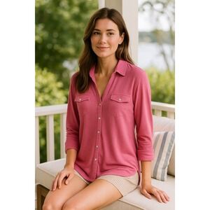 J.McLaughlin XS Pink Knit Button Down Shirt Long Sleeve Coastal Preppy Classic
